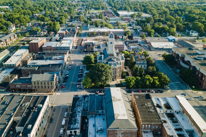 Aerial shot of downtown Noblesville Indiana from SkyView Digital Media